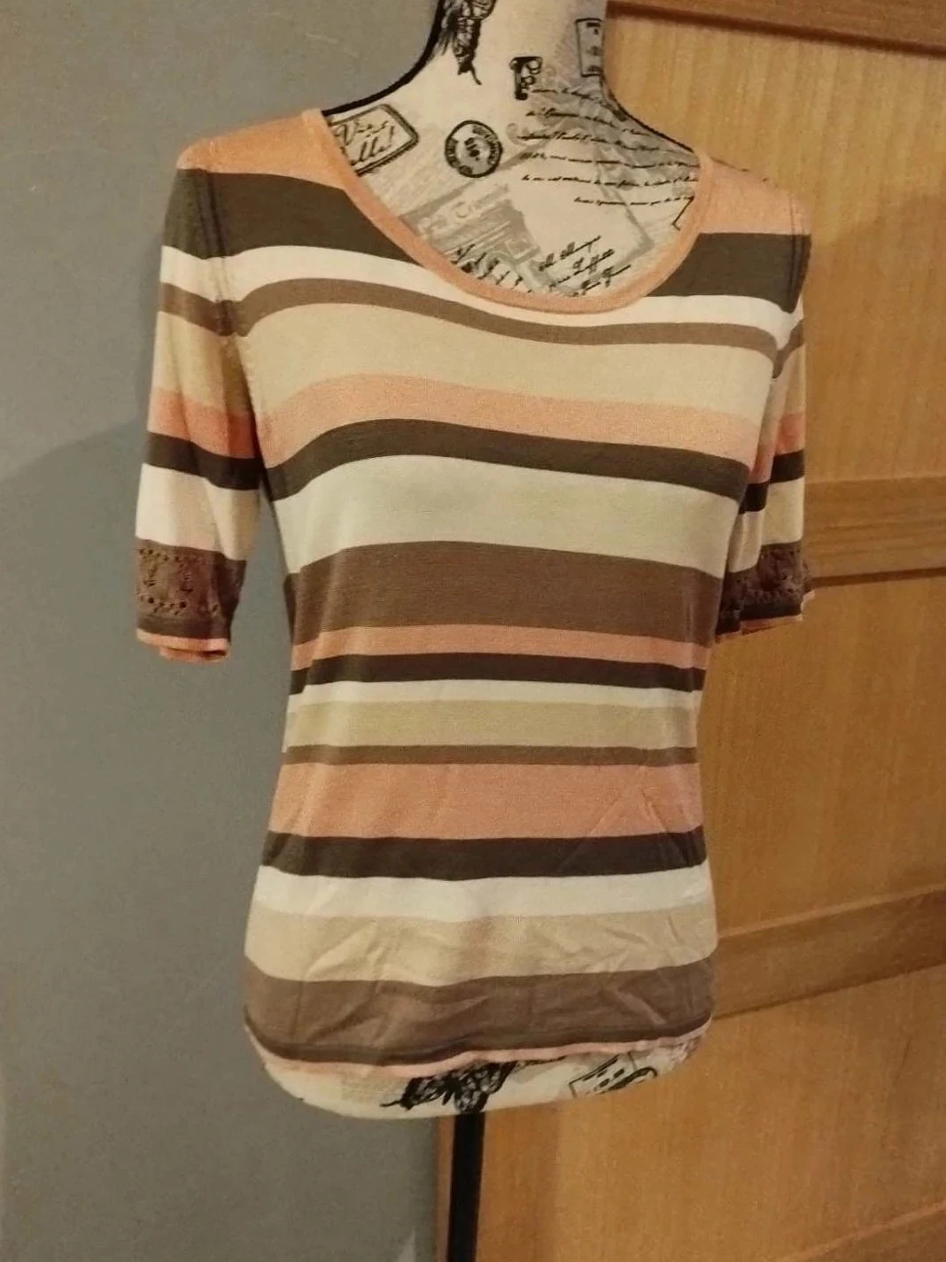t-shirt listrado creme/marrom/rosa, Seda/algodão, Rodier, T36 – photo 2